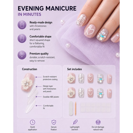 Nude‑Pink Short Square Press‑On Nails, Gentle Style False Nails with 3D Flowers, Hearts, Pearls & Glitter Rhinestones